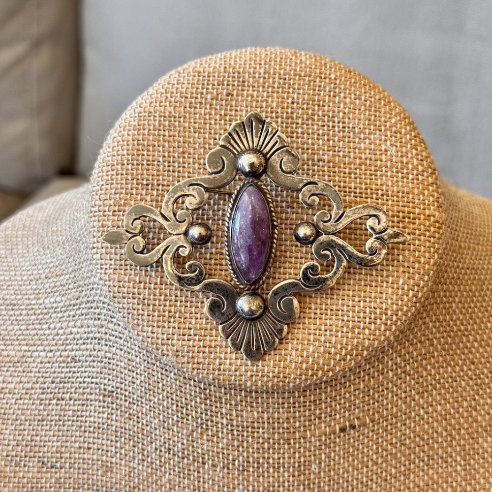 Lot of 3 Vintage Mexico Sterling Silver & Amethyst Bracelet, Cuff and Brooch - Picture 5 of 12